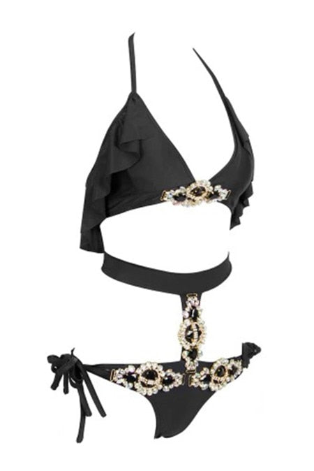 Sexy Diamonds Black Two Pieces Set Swimsuit Fashion Halter Crop Top Lace Up Bikini Bathing Suits Beach Wear Swimming Suit-5