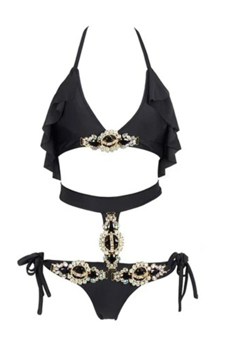 Sexy Diamonds Black Two Pieces Set Swimsuit Fashion Halter Crop Top Lace Up Bikini Bathing Suits Beach Wear Swimming Suit-10