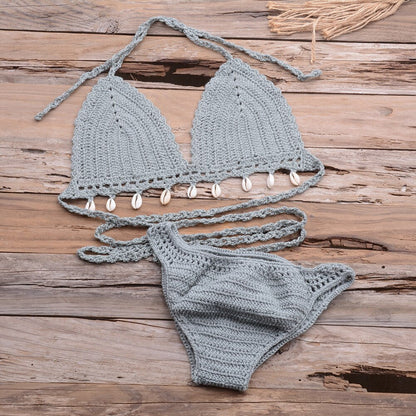 Sexy Handmade Crochet Bikini Set Halter Lace Up Bra Top With Shell Thong Knitted Swimsuit Beach Boho Biquinis Bathing Suit