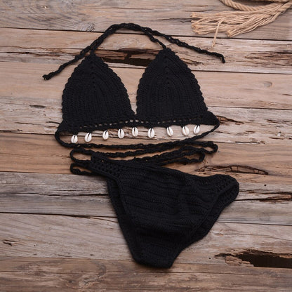 Sexy Handmade Crochet Bikini Set Halter Lace Up Bra Top With Shell Thong Knitted Swimsuit Beach Boho Biquinis Bathing Suit