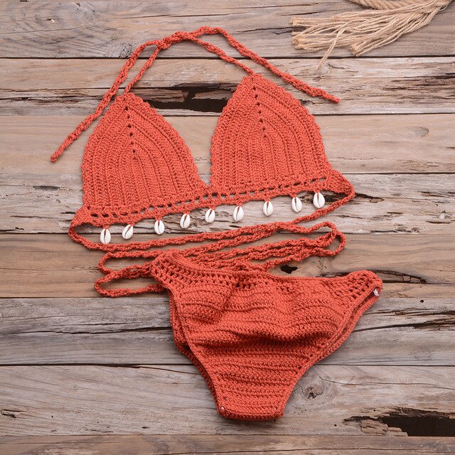 Sexy Handmade Crochet Bikini Set Halter Lace Up Bra Top With Shell Thong Knitted Swimsuit Beach Boho Biquinis Bathing Suit