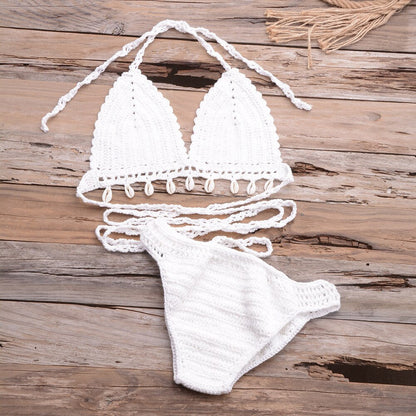 Sexy Handmade Crochet Bikini Set Halter Lace Up Bra Top With Shell Thong Knitted Swimsuit Beach Boho Biquinis Bathing Suit