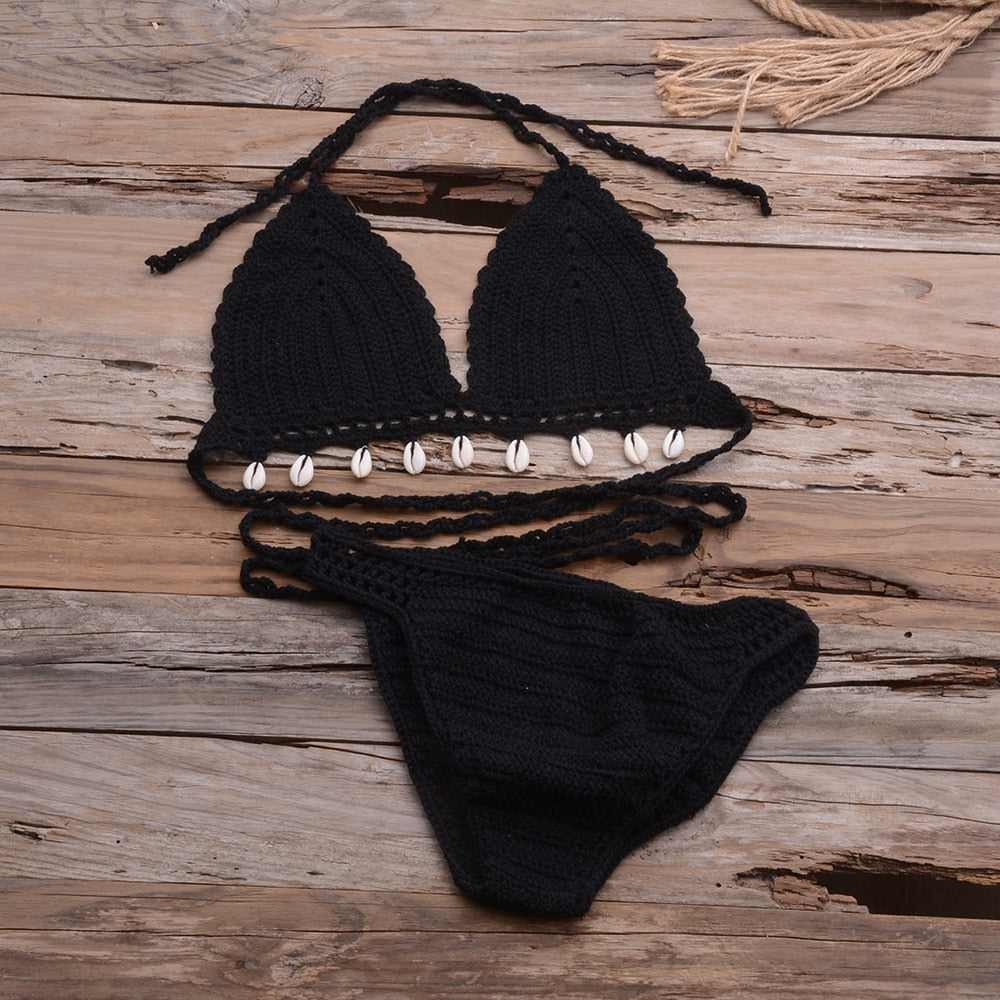 Sexy Handmade Crochet Bikini Set Halter Lace Up Bra Top With Shell Thong Knitted Swimsuit Beach Boho Biquinis Bathing Suit