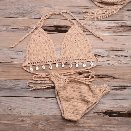 Sexy Handmade Crochet Bikini Set Halter Lace Up Bra Top With Shell Thong Knitted Swimsuit Beach Boho Biquinis Bathing Suit