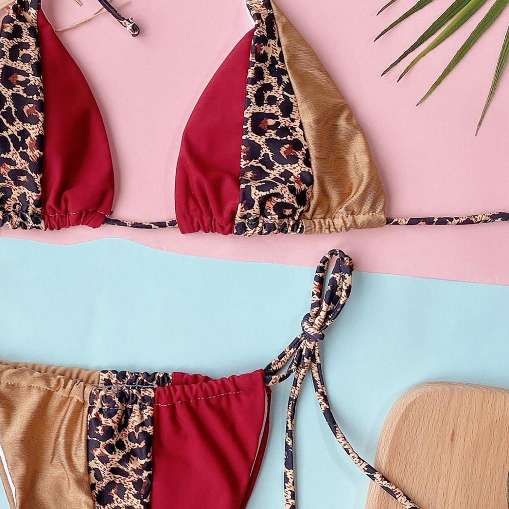 Leopard Patchwork Bikini Set Tie Bra Top Lace Up Thong Swimsuit Brazilian Bikini Beach Biquini Swimming Bohemian Bathing Suit
