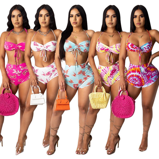 Summer Tie-Dye Printed High Waist Bikini Beachwear Swimsuit Women's Floral Bikini Set Two Piece Bathing Suit Swimwear Biquinis