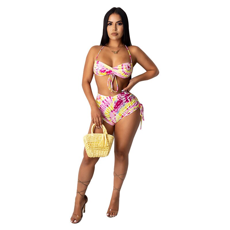 Summer Tie-Dye Printed High Waist Bikini Beachwear Swimsuit Women's Floral Bikini Set Two Piece Bathing Suit Swimwear Biquinis