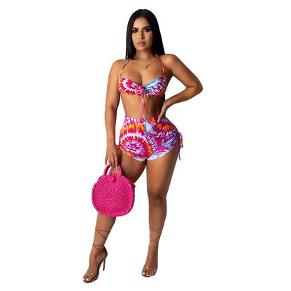 Summer Tie-Dye Printed High Waist Bikini Beachwear Swimsuit Women's Floral Bikini Set Two Piece Bathing Suit Swimwear Biquinis