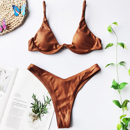 Summer Women Sexy Laser Bikini Sets Bra Top Thong Suit Beach Push Up Underwire Swimwear Ladies Swimming High Cut Bathing Suit