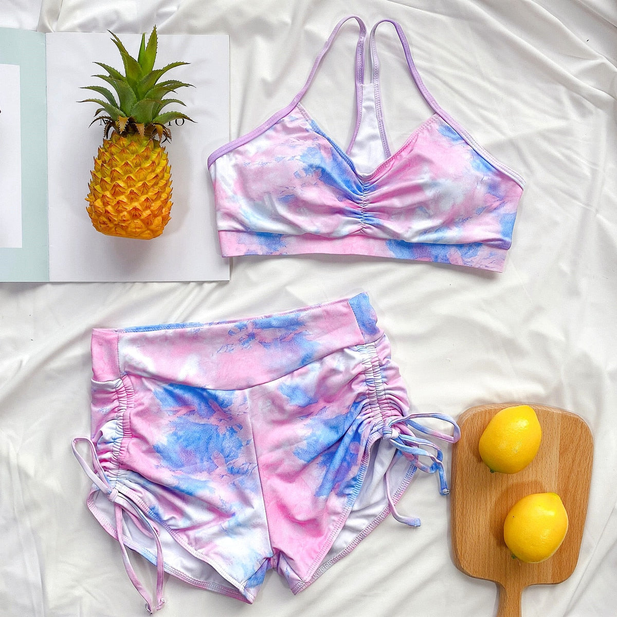 Swimsuit Bikini Women's Two Pieces Swimwear Tie Dye Print Summer Yoga Set Padded Bra and Side Lace Up Shorts Crop Top