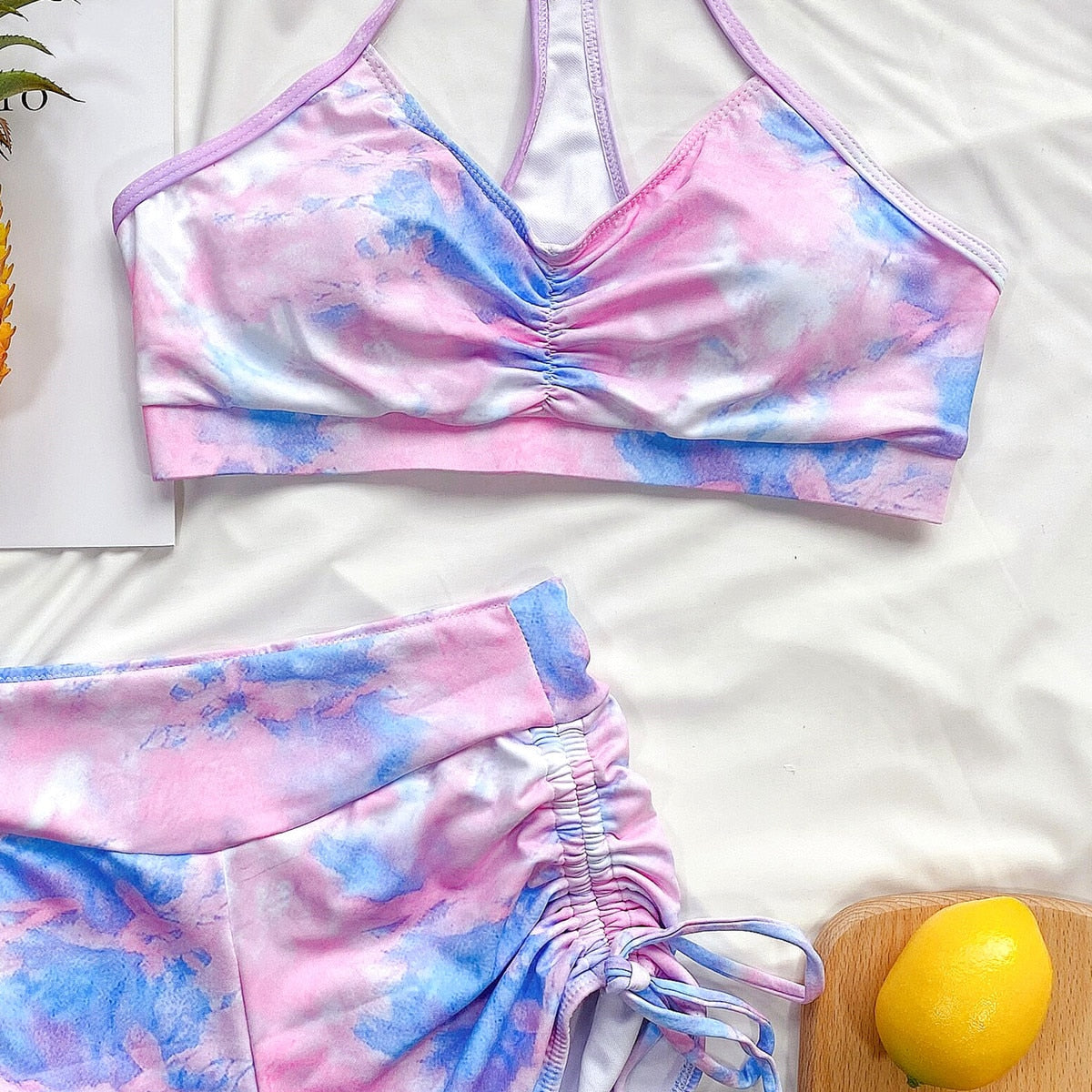 Swimsuit Bikini Women's Two Pieces Swimwear Tie Dye Print Summer Yoga Set Padded Bra and Side Lace Up Shorts Crop Top