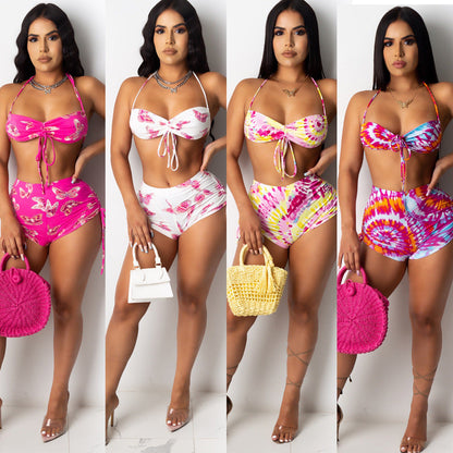 Summer Tie-Dye Printed High Waist Bikini Beachwear Swimsuit Women's Floral Bikini Set Two Piece Bathing Suit Swimwear Biquinis