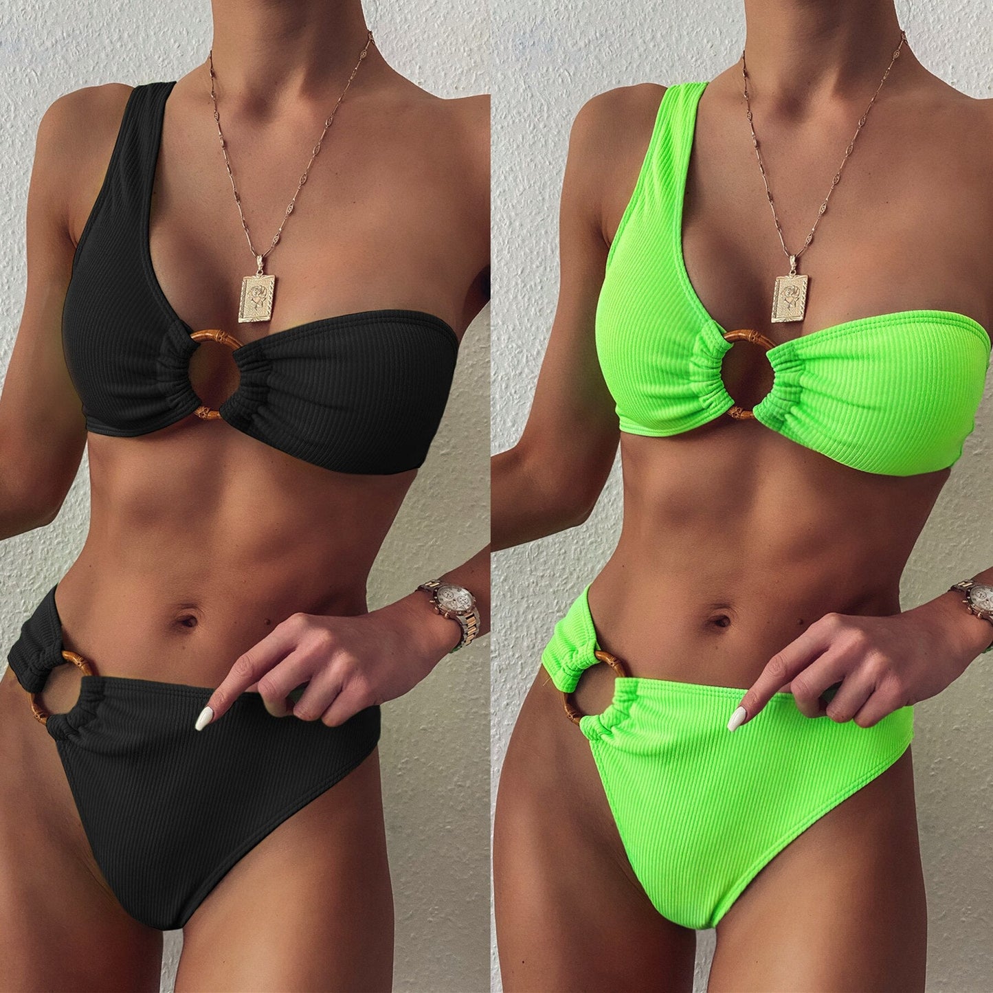 Sexy One Shoulder Bikini Set High Waist Swimsuit Swimwear Women Ribbed Biquini 2020 Solid Summer Beach Wear Ring Bathing Suit