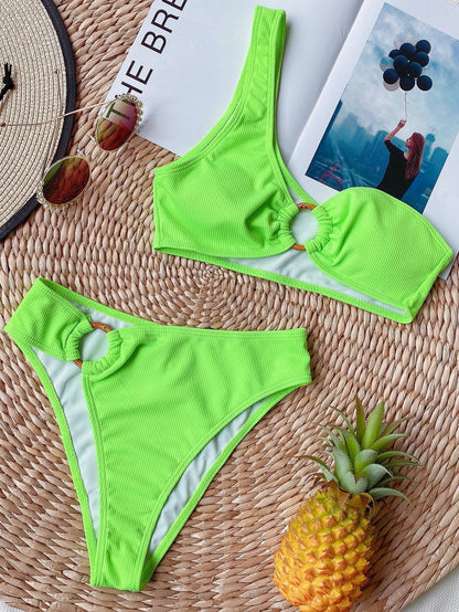 Sexy One Shoulder Bikini Set High Waist Swimsuit Swimwear Women Ribbed Biquini 2020 Solid Summer Beach Wear Ring Bathing Suit