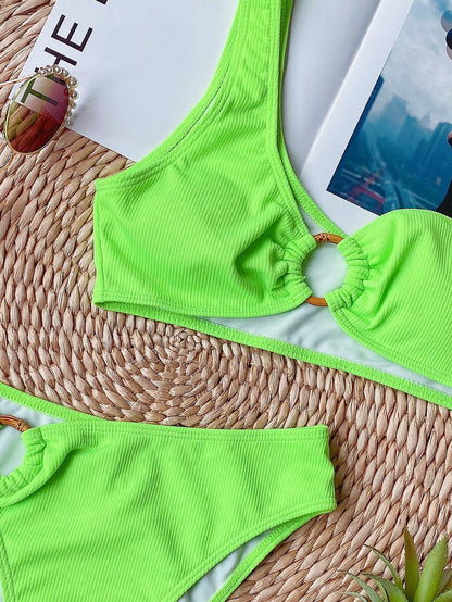 Sexy One Shoulder Bikini Set High Waist Swimsuit Swimwear Women Ribbed Biquini 2020 Solid Summer Beach Wear Ring Bathing Suit