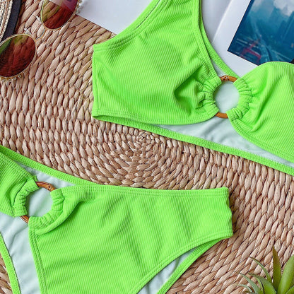 Sexy One Shoulder Bikini Set High Waist Swimsuit Swimwear Women Ribbed Biquini 2020 Solid Summer Beach Wear Ring Bathing Suit