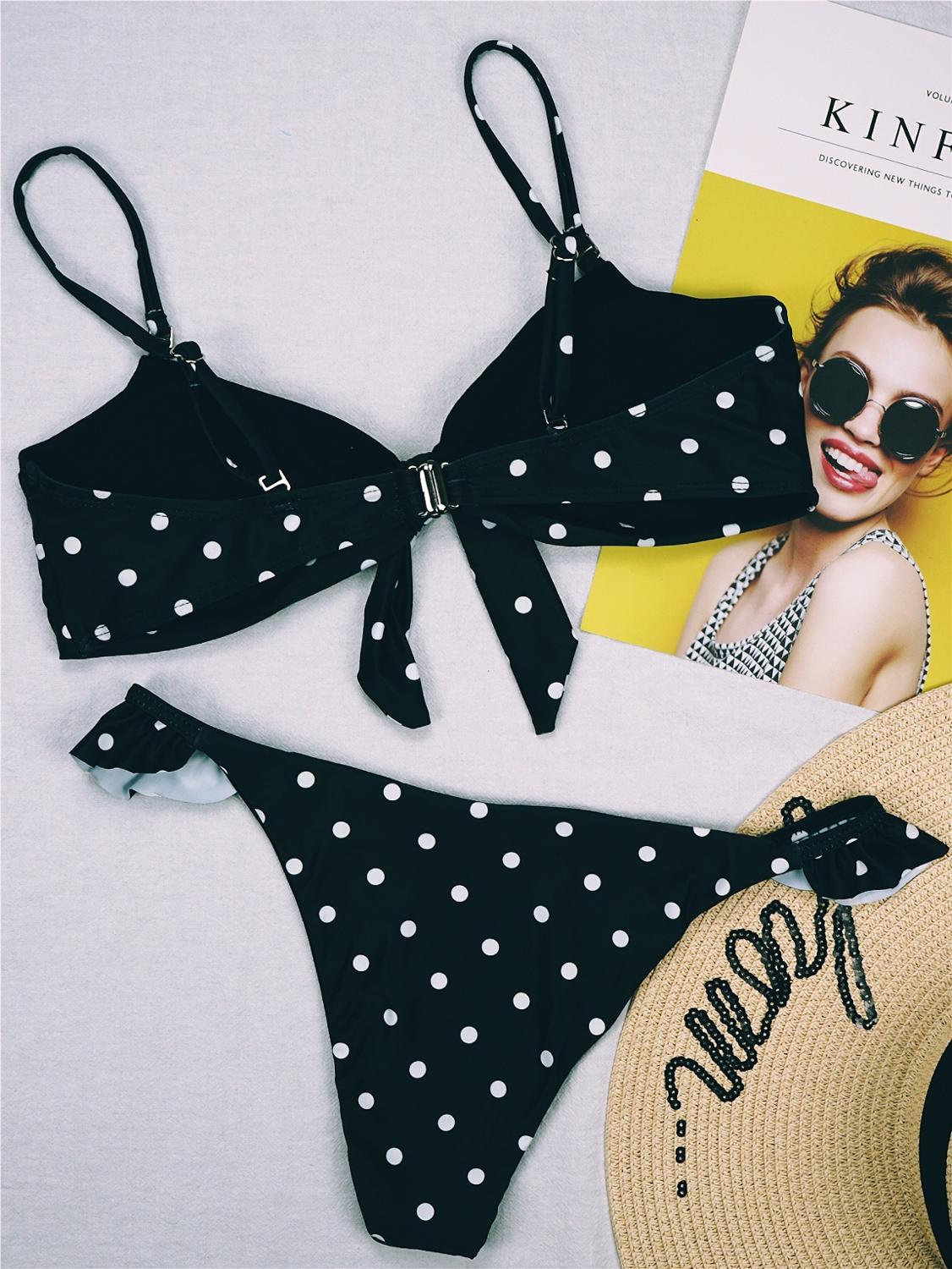 Sexy Polka Dots Print Bikini Set Lace Up Bra Top Thong Swimsuit Beach Push Up High Cut Swimwear Ladies Swimming Bathing Suit