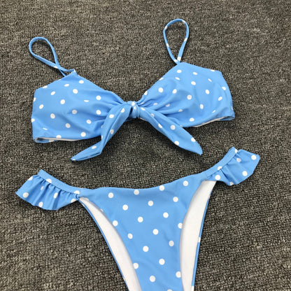 Sexy Polka Dots Print Bikini Set Lace Up Bra Top Thong Swimsuit Beach Push Up High Cut Swimwear Ladies Swimming Bathing Suit