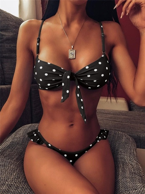 Sexy Polka Dots Print Bikini Set Lace Up Bra Top Thong Swimsuit Beach Push Up High Cut Swimwear Ladies Swimming Bathing Suit