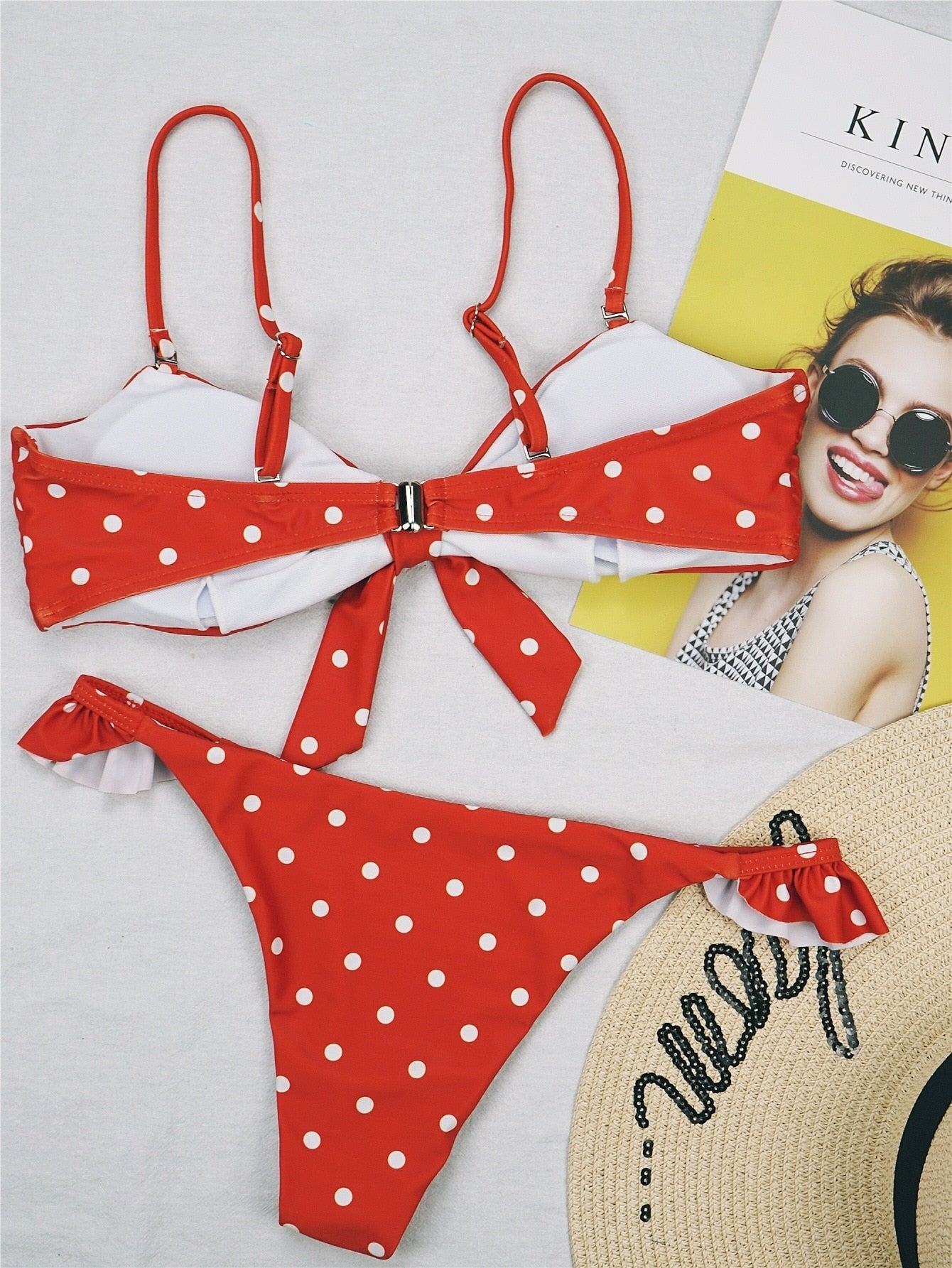 Sexy Polka Dots Print Bikini Set Lace Up Bra Top Thong Swimsuit Beach Push Up High Cut Swimwear Ladies Swimming Bathing Suit