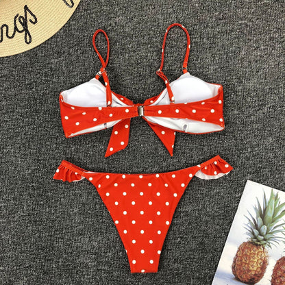 Sexy Polka Dots Print Bikini Set Lace Up Bra Top Thong Swimsuit Beach Push Up High Cut Swimwear Ladies Swimming Bathing Suit