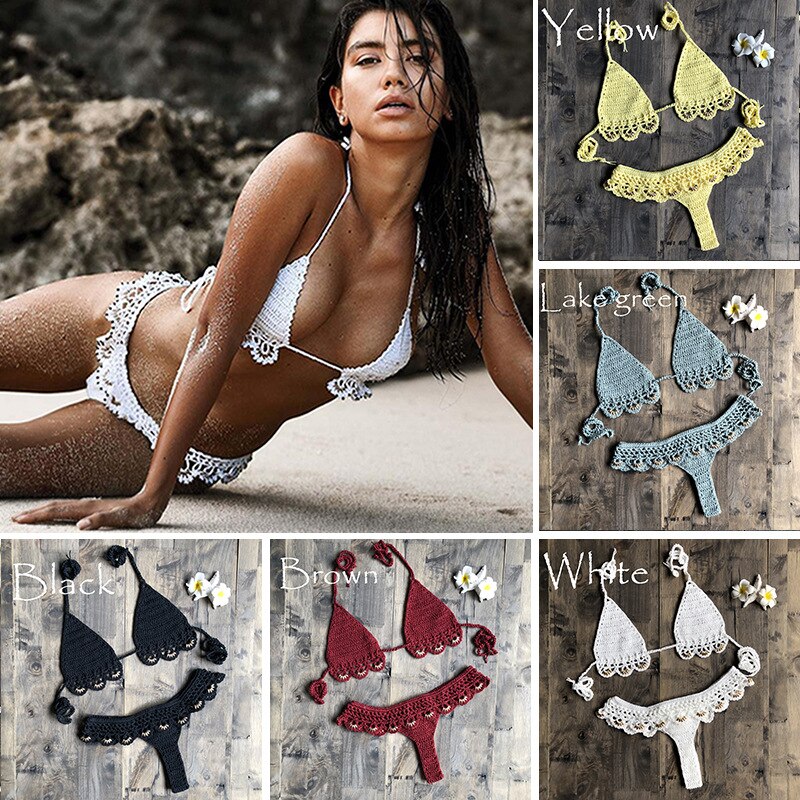 Sexy Solid Bikini Crochet Set Bra Lace Up Top Thong Swimsuit Beach Push Up High Cut Lady biquini Swimming Knitted Bathing Suit-47