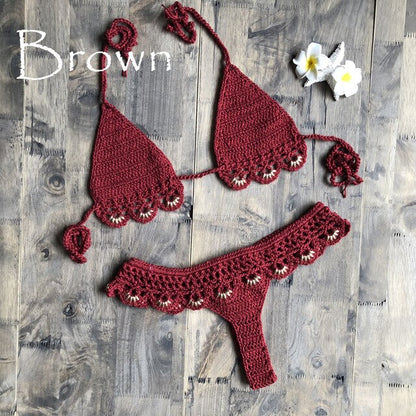 Sexy Solid Bikini Crochet Set Bra Lace Up Top Thong Swimsuit Beach Push Up High Cut Lady biquini Swimming Knitted Bathing Suit-8