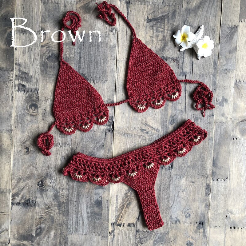 Sexy Solid Bikini Crochet Set Bra Lace Up Top Thong Swimsuit Beach Push Up High Cut Lady biquini Swimming Knitted Bathing Suit-41