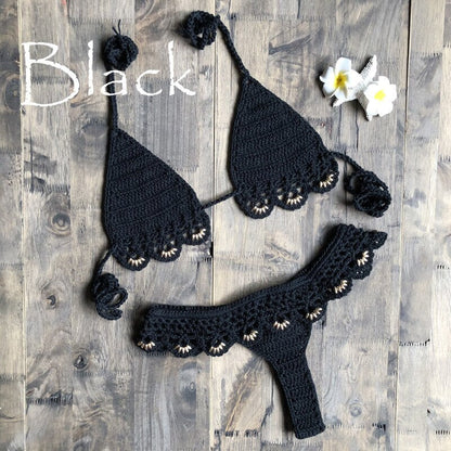 Sexy Solid Bikini Crochet Set Bra Lace Up Top Thong Swimsuit Beach Push Up High Cut Lady biquini Swimming Knitted Bathing Suit-53