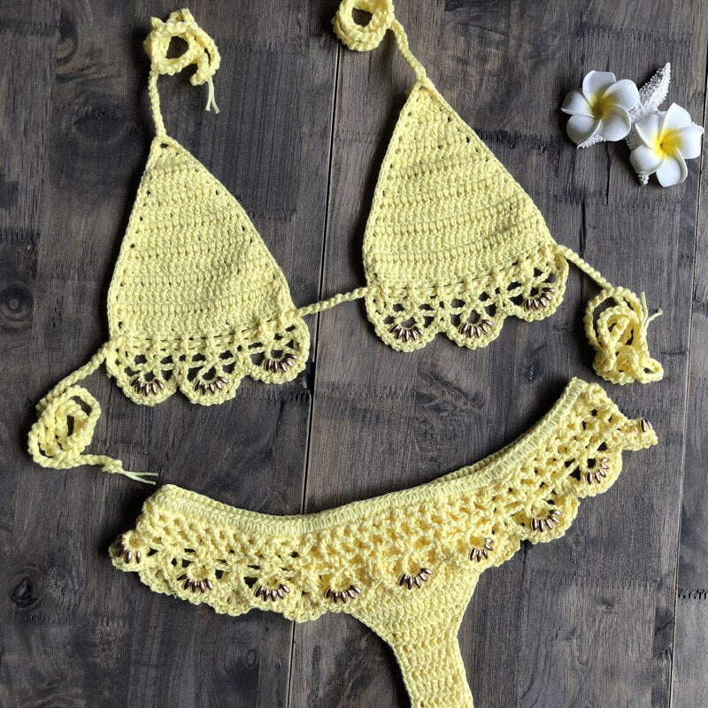 Sexy Solid Bikini Crochet Set Bra Lace Up Top Thong Swimsuit Beach Push Up High Cut Lady biquini Swimming Knitted Bathing Suit-59