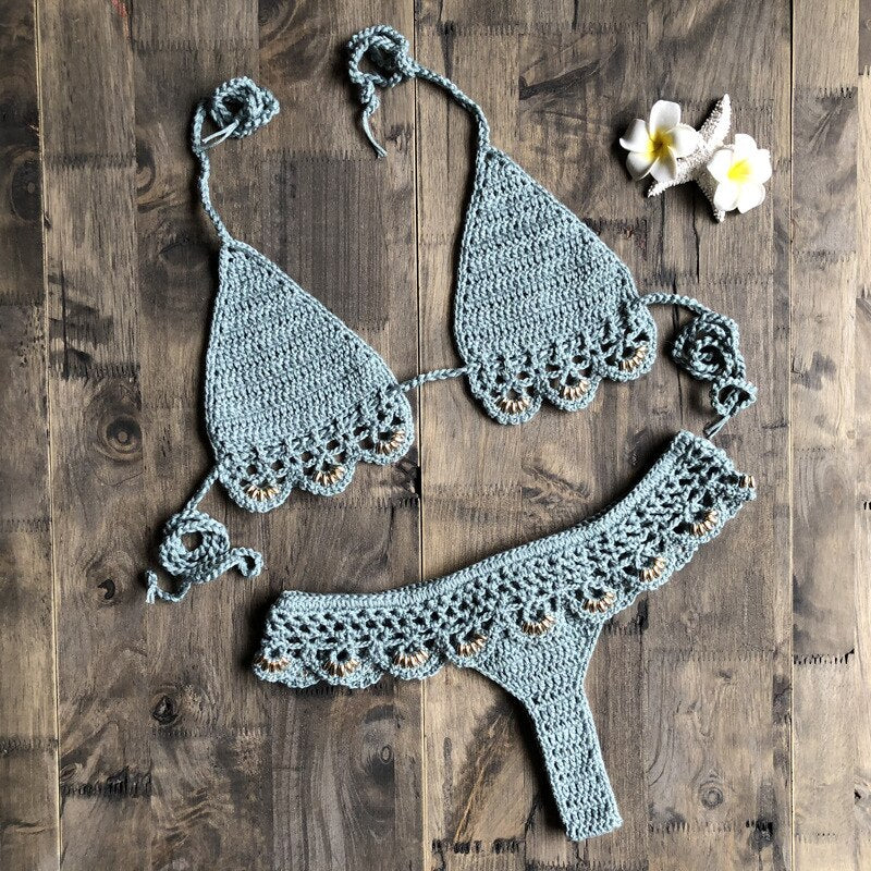 Sexy Solid Bikini Crochet Set Bra Lace Up Top Thong Swimsuit Beach Push Up High Cut Lady biquini Swimming Knitted Bathing Suit-44