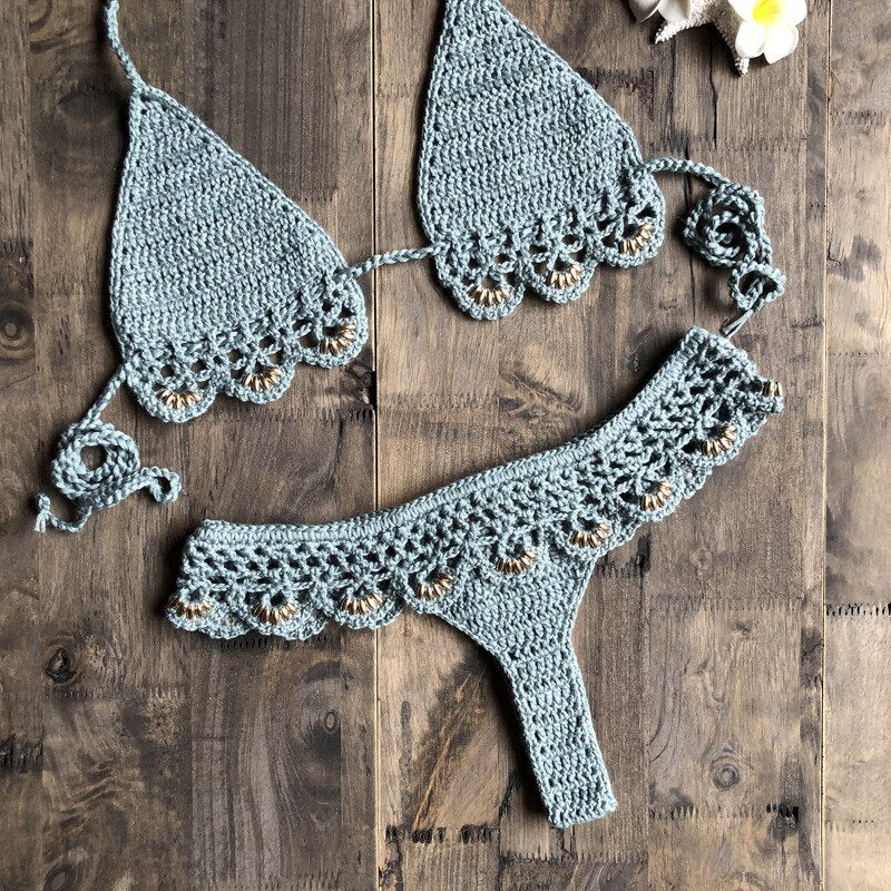 Sexy Solid Bikini Crochet Set Bra Lace Up Top Thong Swimsuit Beach Push Up High Cut Lady biquini Swimming Knitted Bathing Suit-62
