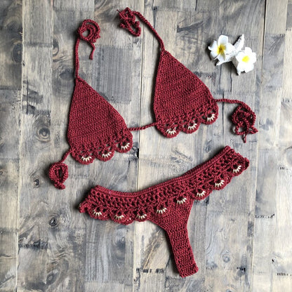 Sexy Solid Bikini Crochet Set Bra Lace Up Top Thong Swimsuit Beach Push Up High Cut Lady biquini Swimming Knitted Bathing Suit-58