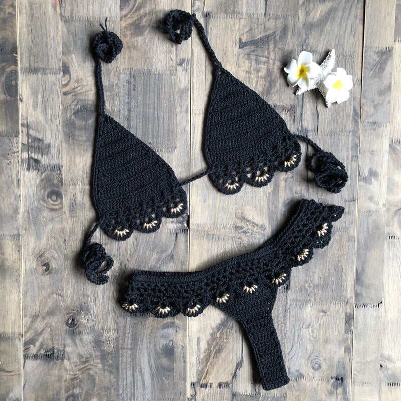 Sexy Solid Bikini Crochet Set Bra Lace Up Top Thong Swimsuit Beach Push Up High Cut Lady biquini Swimming Knitted Bathing Suit-46