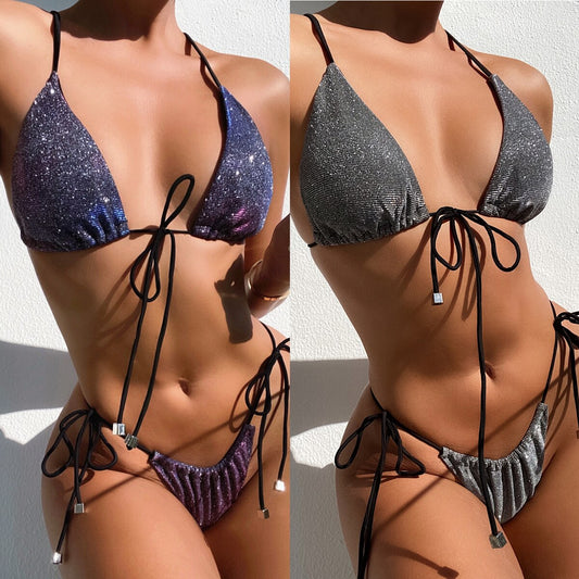 Sexy Shining Wire Free Lace Up Swimwear Bikinis Set Women Bra And High Waist Thong Push Up Biquini Bathing Suit Beach Swimsuit