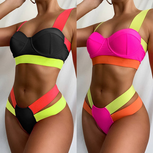 Sexy Color Patchwork Underwire Swimwear Bikinis Set S-XL Women Bra And Thong Push Up High Elastics Biquini Bathing Suit Swimsuit